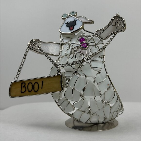 Vintage Halloween Stained Glass Ghost Candle Holder Boo Sign Chains 8.5" - Picture 8 of 12